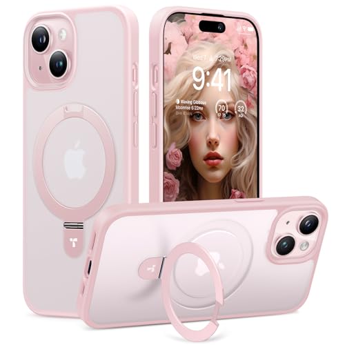 TORRAS Ultra Magnetic Ostand for iPhone 15 Case [Fit for MagSafe] [Sturdy Stand & Ring Holder]Mil-Grade Shockproof Matte Anti-Scratch Slim Protective Kickstand Phone Case for iPhone 15 6.1 inch, Pink