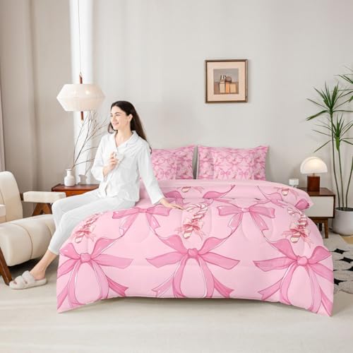 Image of Kawaii Full Size Bed Sheets and Comforter Set | Pink Bow 7-Piece Bedding Set Santa Sticks Candy Canes Bed in a Bag, Dreamy Ribbon Princess Bowknot Bed Sets,Cute Aesthetic Room Decor