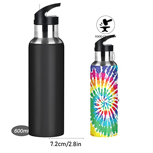 Rainbow Tie Dye Print Water Bottle Drink Flask with Straw Lid Insulated Stainless Steel Thermos Bottle for Boys Girls Gym Sports Leakproof 600 ml - Image 3