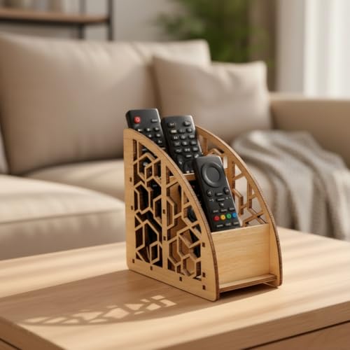 Image of Wooden Remote Holder for Table - 3 Slot Remote Organizer Caddy TV Remote Control Storage Stand for Living Room, Coffee Table & Office Desk Size 7 x 5 x 2.5 Inches