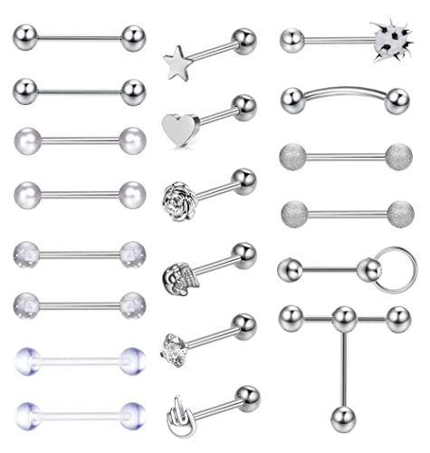 Kakonia 20Pcs 14G Piercing Langue pour Femmes Hommes Acier Inoxydable 316L Crâne Coeur Percing a la Langue Bijoux, Argent