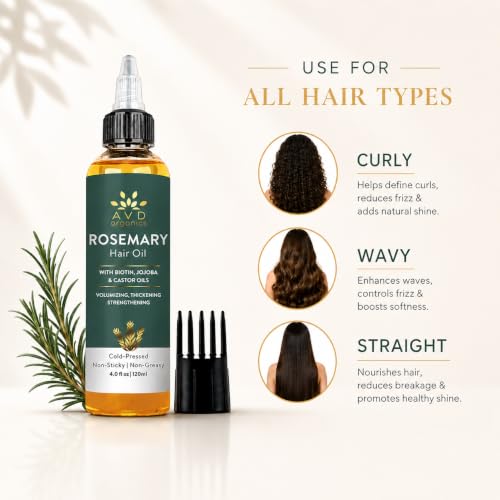 Image of AVD ORGANICS Rosemary Oil for Hair Growth & scalp | Infused with Biotin | Hair Strengthening, Nourishing and Volumizing | infused with Jojoba & Castor Oil | NON - GMO 120ml