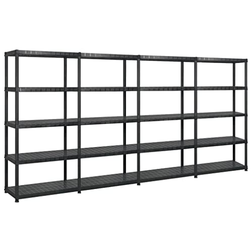 Molumvel Juego de 4 estanterías de plástico con 5 estantes, 340 x 40 x 185 cm, color negro