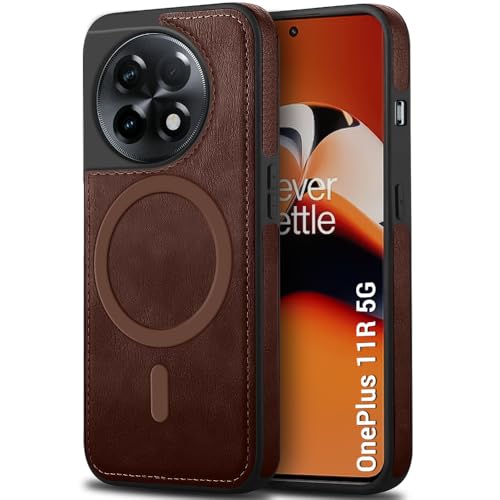 Image of TheGiftKart Genuine Leather Finish Back Cover Case for OnePlus 11R 5G | Shockproof Design | Raised Edges for Camera & Screen Protection | Stunning Minimalist Design Cover (MagSafe Compatible, Brown)