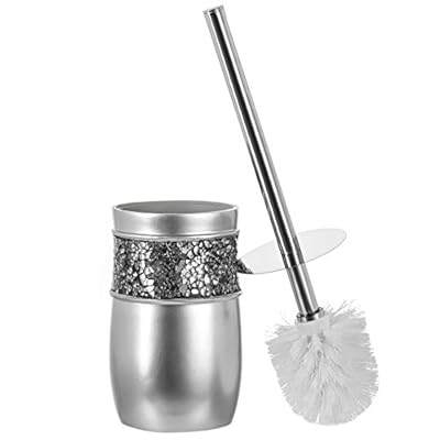 Crackled Glass Toilet Brush with Holder - Silver Toilet Bowl Cleaner Brush and Holder - Good Grip, Deep Cleaning, Decorative Design Compact Toilet Bowl Scrubber
