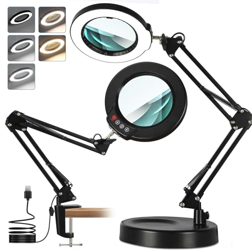 MagnieOpti 10X Lupe mit Licht und Ständer, Echter Glaslinse 2-in-1 Lupenlampe und Klemme, LED Beleuchtete Lupe mit Stufenlosem Dimmen, Hände Frei Leselupe für Senioren, Lesen, Basteln, Nähen, Löten