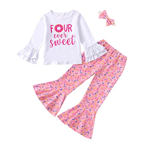 Image of vchoohce Toddler Baby Girl Birthday Outfit Sweet Long Sleeve T-Shirt Doughnut Bell-Bottoms Pants Headband Clothes Set