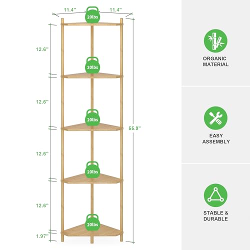 Wisuce Corner Shelf Stand - 5 Tier Natural Bamboo Small Corner Bookshelf for Office Kitchen Bedroom Plant Stand Living Room Decor Small Space - Image 3