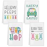 Moukeren Set of 4 Happy Easter Kitchen Towels 26 x 16 Inch Easter Hand Dish Towels Bunny Eggs Carrot Bar Tea Dishcloths for Baking Cooking Holiday Housewarming Gift