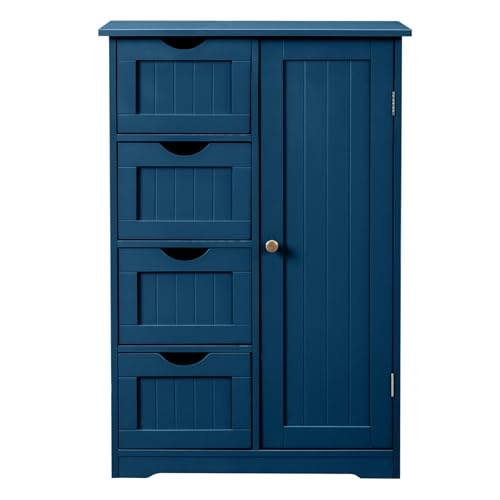 Image of Vasitelan Bathroom Wooden Floor Cabinet, Side Storage Organizer with 4 Drawers and 1 Cupboard, Freestanding Entryway Storage Unit Console Table,22 inch W x 11.8 inch D x 31.5 inch H (Navy Blue)