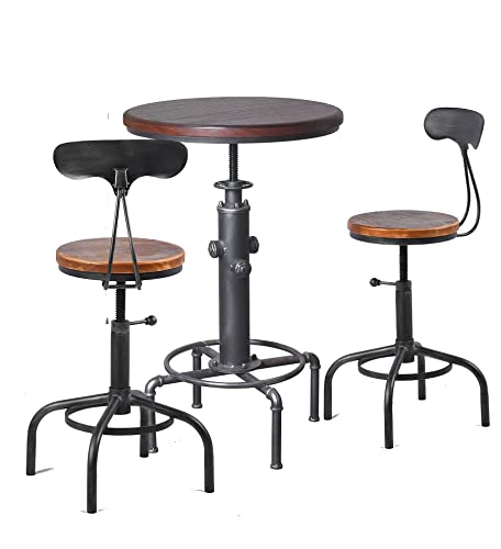 Topower 3 Piece Pub Table And Stool Set Round Bar Table Adjustable Height Coffee Table Farmhouse Counter Height Bar Stools With Backrest Silver 1 Table + 2 Stools #TOP6