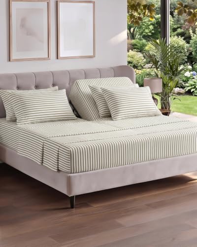 Image of Flex Top Split Head King 6 Piece Sheet Set - Soft & Cooling - Beige Stripes | Ultra Soft Hotel Luxury Bedding Set w / 8-16 Inch Deep Pockets, 1 Flat & 1 Split-Head Fitted Sheet & 4 Pillowcases, Fade Free