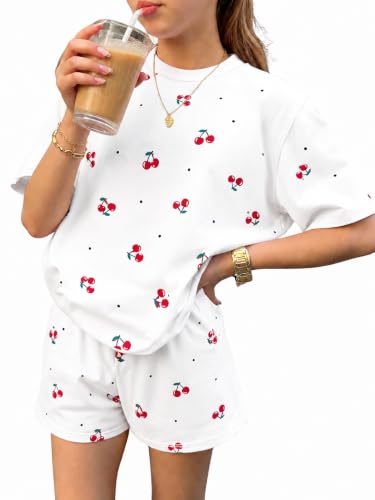 Image of KIDLAGA Girls Two Piece Sets Cherry Pattern Short Sleeve Shirts and Shorts Set With Pockets Girls Summer Outfits Size 7-14