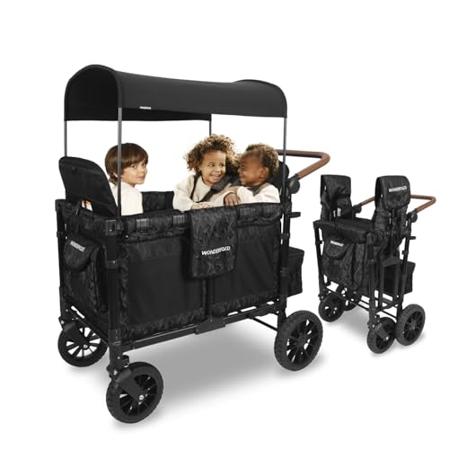 W4 Luxe Quad Stroller Wagon with 4 face-to-face seats, UV canopy, magnetic 5-point harness