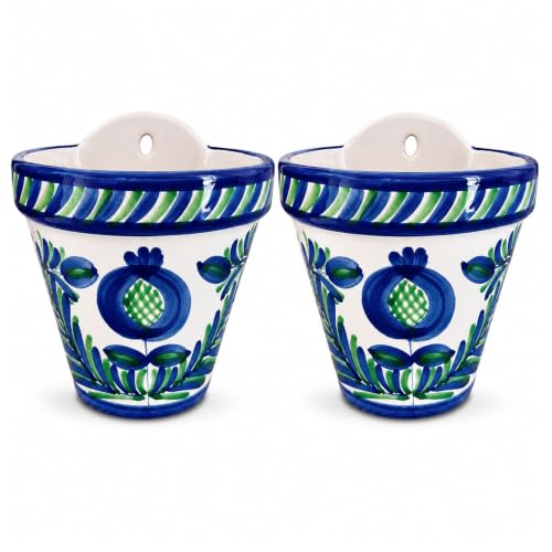 Maceta para Colgar cerámica Pack de 2 16x16 cm, macetero de Pared esmaltado Azul y Verde para Plantas, Flores y Hierbas, Tiesto Colgante Decorativo para Cocina, balcón, Patio y terraza del hogar