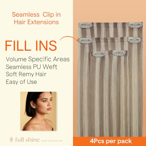 Image of Full Shine Ash Blonde Hair Extensions, Highlighted Human Hair Clip ins | Invisible Hair Extensions, 18 Inch 85g 4 Pcs, Added Volume, Natural Shine, Dinner Events, Layered Hair