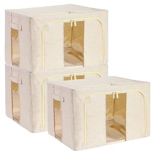 Image of Prime Pick Storage Box Foldable Cotton Jute Cloth Organizer with Transparent window Reinforced Handles Washable Wardrobe Storage for Clothes Almirah Drawer Beige XXL Size Pack of 3
