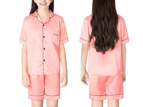 Beezizac Little & Big Girls Pajama Set Size 6-16 -Pink/Blue/Turquoise/Peach Satin Silky Cute Summer Shorts Outfit2