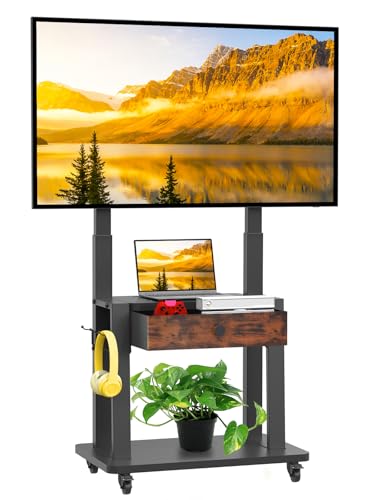 Rolling TV Stand with Fabric Drawer for 32-75 Inch Flat/Curved Screen Adjustable Height LCD/LED/OLED with Storage Mobile TV Cart on Wheels up to 220lbs for Home Office Outdoor Max VESA 600x400mm