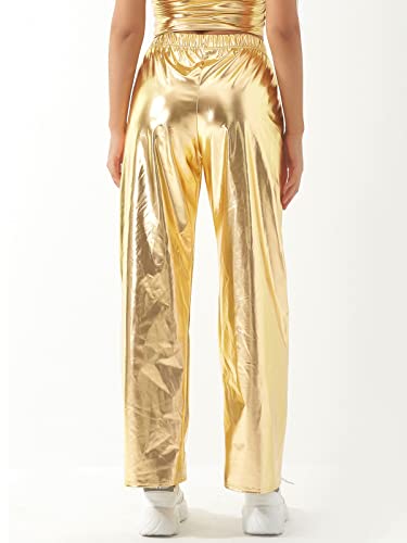 Women's Shiny Metallic Holographic High Waisted Straight Wide-Leg Long Pants Trousers Clubwear with Pockets2