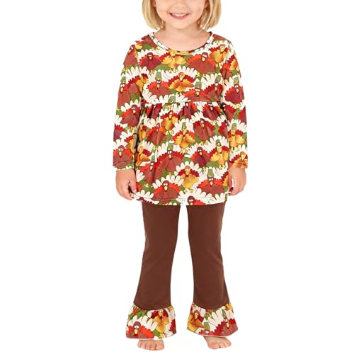 Image of Thanksgiving Toddler Girls Turkey Outfits Set Ruffle T-Shirt Dress and Pants Outfit Set 3-8Years
