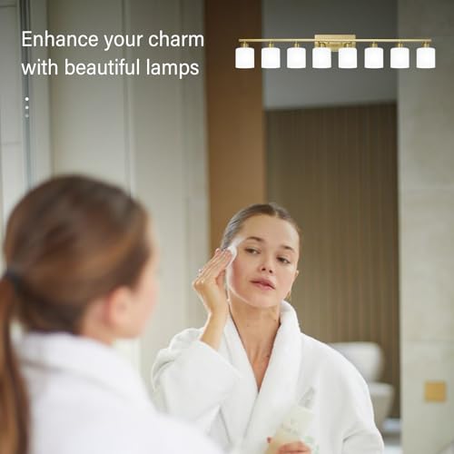 Image of 8 Light Bathroom Light Fixtures Gold for Big Mirror, Brushed Gold Vanity Lights for Bathroom with Milky White Frosted Glass Shades, 51 inch Wall Sconce for Mirrors Living Room Bedroom