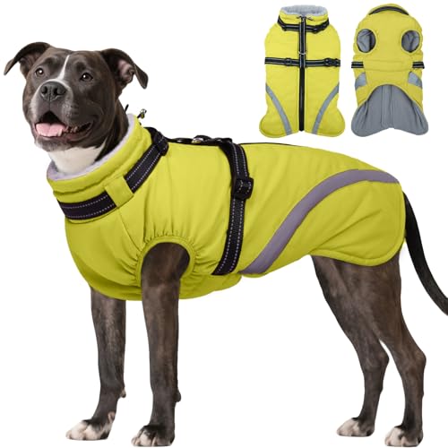 Image of BRKURLEG Dog Winter Jackets for Medium Dogs, Dog Coat with Harness Built in, Dogs Snowsuits with Zipper, Waterproof Windproof Pet Puffer Jacket Fleece Vest for Pug, French Bulldog, Green M