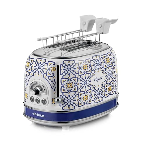 Ariete 155 Tostapane Capri, 810W, 2 fette, 6 livelli di doratura, Vassoio raccogli briciole, Funzione defrost, Espulsione automatica, Con pinze, Bianco e Blu