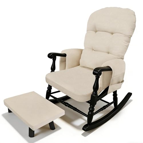 CRAURU Glider Rocker Replacement Cushion Set with Storage Pockets Breathable Fine Linen Fabric & High-Resilience Foam Non-Slip Back Rocking Chair Cushion for Living Room Rocking Chair(Beige)
