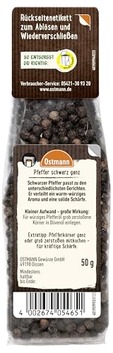 Ostmann Gewürze - Pfefferkörner schwarz | Ungemahlener Pfeffer | Zum Nachfüllen der Streudose | Wiederverschließbare Verpackung | 50 g im Beutel