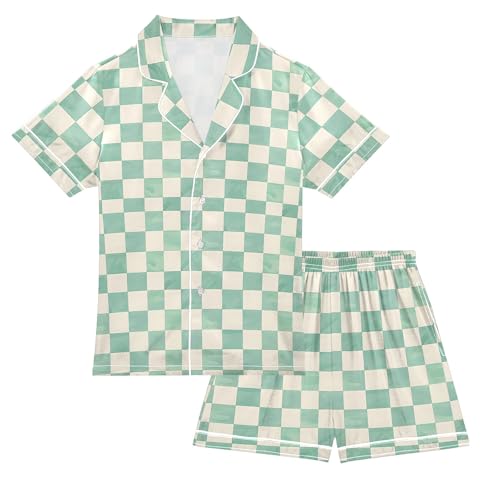 Mint and Cream Checkerboard Summer Satin Pajama Set, Cute Button-Down Sleepwear Pj Set for Sleep Wears