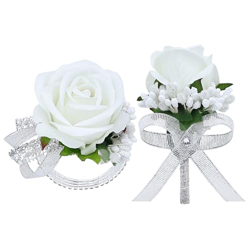 WGBBDG 2Pcs White Wrist Corsage and Men Boutonniere Set Artificial Rose Corsage Wristlet and Boutonniere for Homecoming Wedding Prom Party Decorations (White 1 Wrist Corsage & 1 Boutonniere)