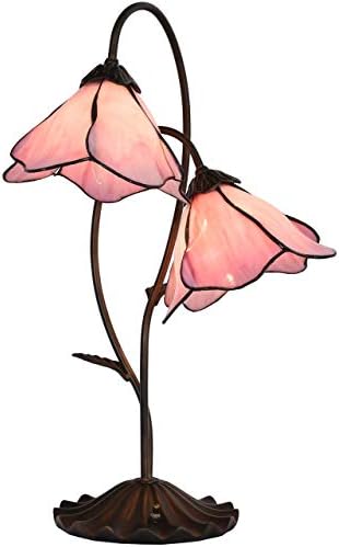 Bieye L10811 Pink Flower Tiffany Style Stained Glass Table Lamp with 8 inches Wide Bent Glass Lampshades Lily Pad Base, 2-Lights, 23.5 inches Tall