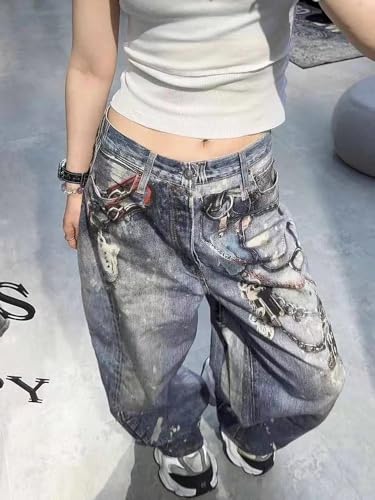 Vintage Grunge Heavy Industry 3D Chain Printed Straight Leg High Waist Jeans Harajuku Hip Hop Casual Trendy Y2k Baggy Pants4