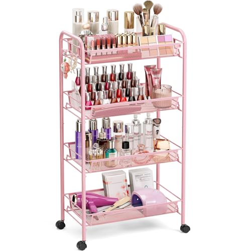 Image of TOOLF 4 Tier Rolling Utility Cart - Durable Metal Design Pink Utility Cart, Storage Trolley on Wheels with 3 Hooks, Perfect for Kitchen, Bathroom & Laundry Room Organization