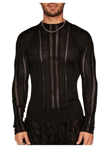 OYOANGLE Men's Crochet Knit Long Sleeve Mock Neck Sweater See Through Party Pullover Tops Knitwear