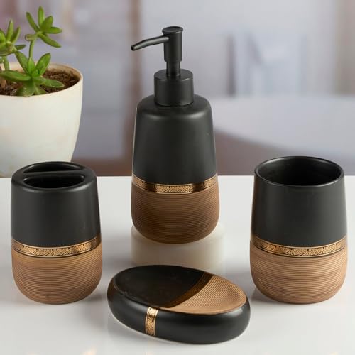 Image of SaSaSa Ceramic Bathroom Accessories Set of 4 - Stylish Bath Set with Liquid Soap Dispenser, Toothbrush Holder, Tumbler and Soap Dish for Modern Bathroom Decor, Black /Brown (11989)