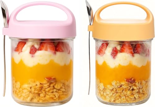 Image of Zephorus 2 PCS Overnight Oats Glass Jar with Lid and Spoon | Portable Mason Oatmeal Container Breakfast Cup Kitchen Storage Fruit, Milk, Salad, Nuts, Yogurt (Multicolor)