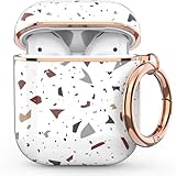 wenew for AirPod Case, Flower AirPods Hard Case Cover with Keychain for Women Men, AirPod 1st & 2nd Generation case (White Marble)