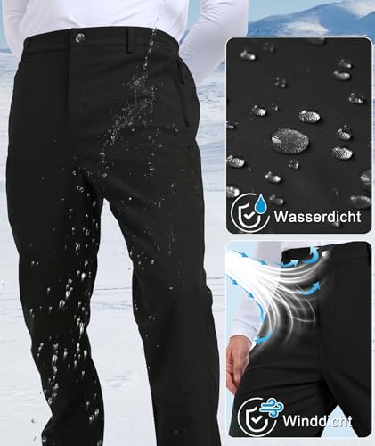 Djtnzdm Outdoorhose Herren Winter Ski Softshellhose Wasserdicht Snowboarhose Gefüttert Fahrradhose Warm Winddichte Thermohose Männer mit Tasche 3XL Schwarz