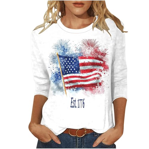 Image of Fourth of July Shirts for Women 3 /4 Sleeve Summer Tops American Flag Print T Shirt Patriotic 4th of July Shirts 2025