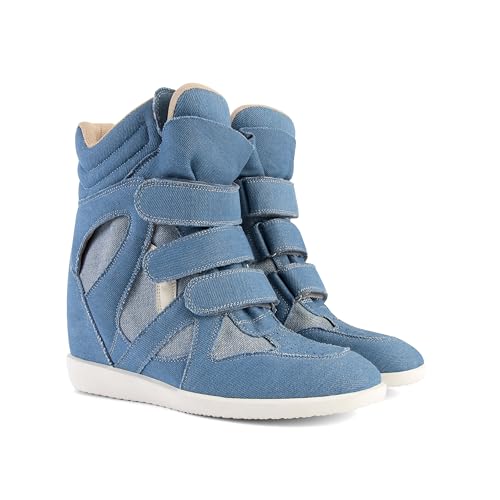 Image of Wedge Sneakers for Women Heels Suede Hook and Loop High Heel Tennis Round Toe Triple Strappy Band Casual Vintage Fashion Dressy Comfy Campus Trendy Retro Sneaker