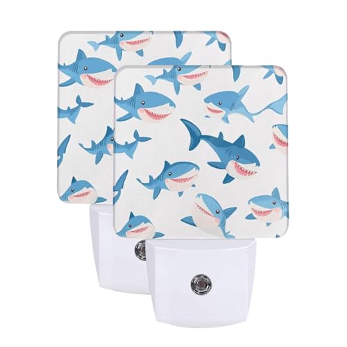 Image of Cartoon Blue Sharks LED Plug-in Night Lamp 2 Piece Set, Auto Sensor Nightlights Set of 2 for Bedroom Bathroom Corridors