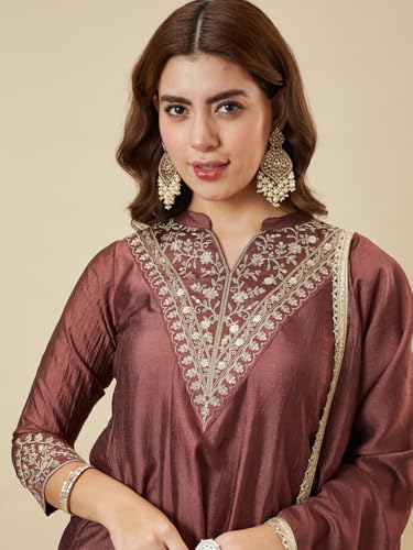 Image of MOKOSH Women's Silk Embroidery Kurta Sharara with Dupatta | Kurta Set | Embroidered |Indian Kurta Outfit with Sharara | 3 Piece Outfit |Straight Ethnic Suit 4 Colour Options Available