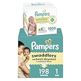 Pampers Swaddlers Disposable Baby Diapers Size 1, 198 Count with Sensitive Water Based Baby Wipes 12 Flip-Top Packs (1008 Wipes Total)