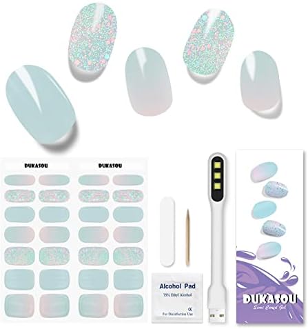 DUKASOU Semi Cured Gel Nail Strips, 28pcs Real Nail Polish Art Stickers/Wraps with UV/LED Light, Includes Prep Pads, Nail File & Wood Stick, Sticker Nails for Women Girls Kids Diy Decorations Birthday Party Favor Gifts（Light Blue)