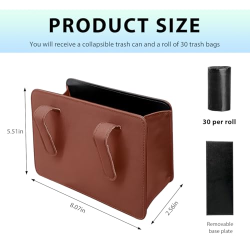 Image of Car Trash Can, Waterproof Leather Hanging Storage Container Vehicle Dustbin, Auto Foldable Mini Garbage Organizer Trash Bag for Truck SUV RV, Essential Car Accessories (Brown)