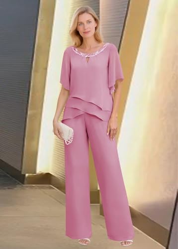 2 Piece Mother of The Bride Pant Suits Women Short Sleeve Pants Suits Sequin Chiffon Dressy Pantsuit for Wedding3