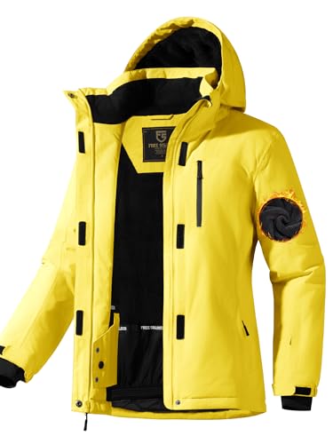 FREE SOLDIER Damen Wasserdichte Ski Schneejacke Fleece Gefüttert Warme Winter Regenjacke mit Kapuze Vollständig Versiegelte Nähte, Creme / Gelb, M