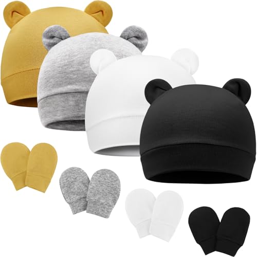 Image of AQOKKA Newborn Baby Bear Ear Hat and Mitten Sets No Scratch Infant Cotton Beanie Gloves Newborn Hospital Hat for Boy Girl